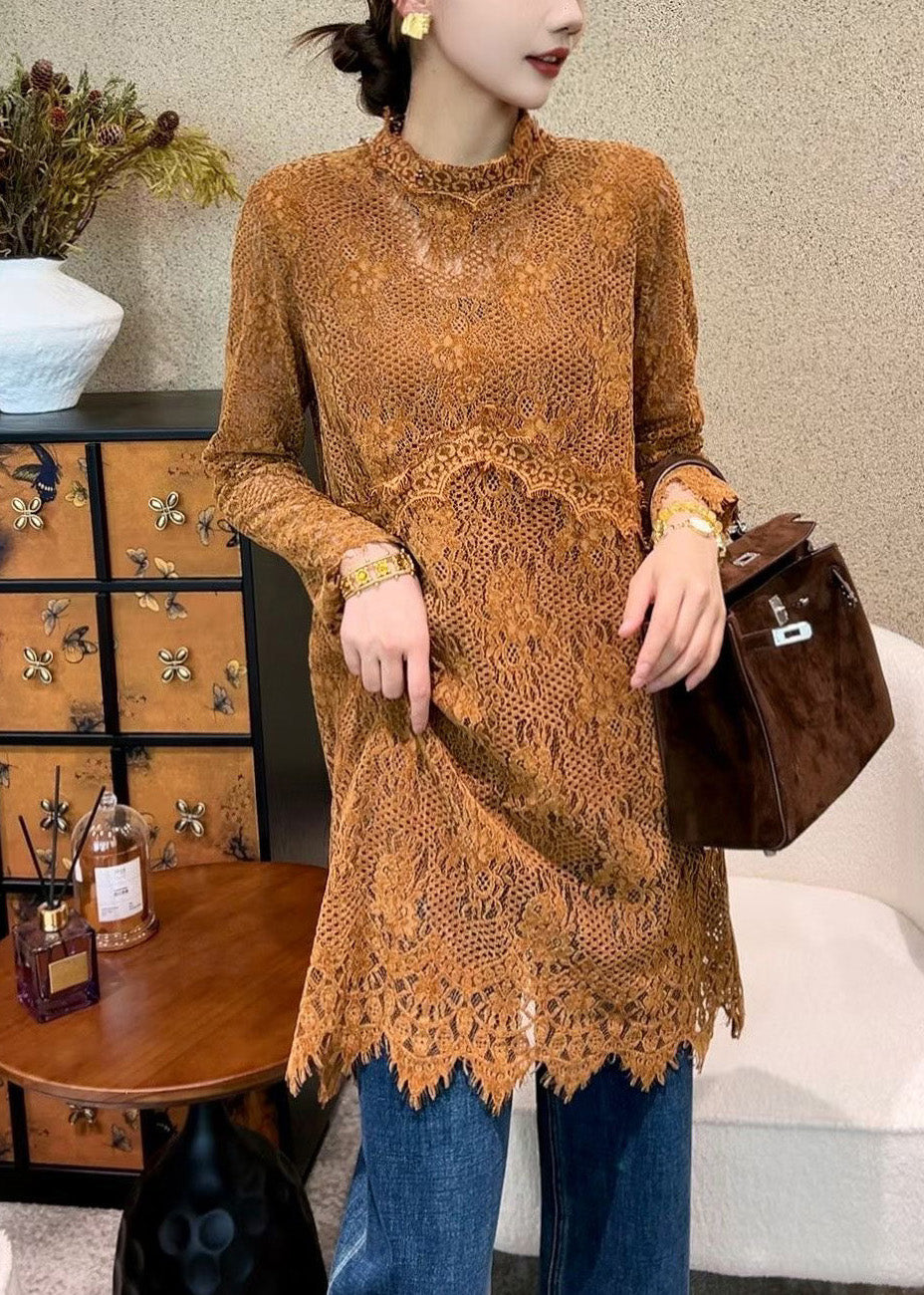 All Over Lace Mock Neck Scalloped Hem Long Sleeve Tunic Top