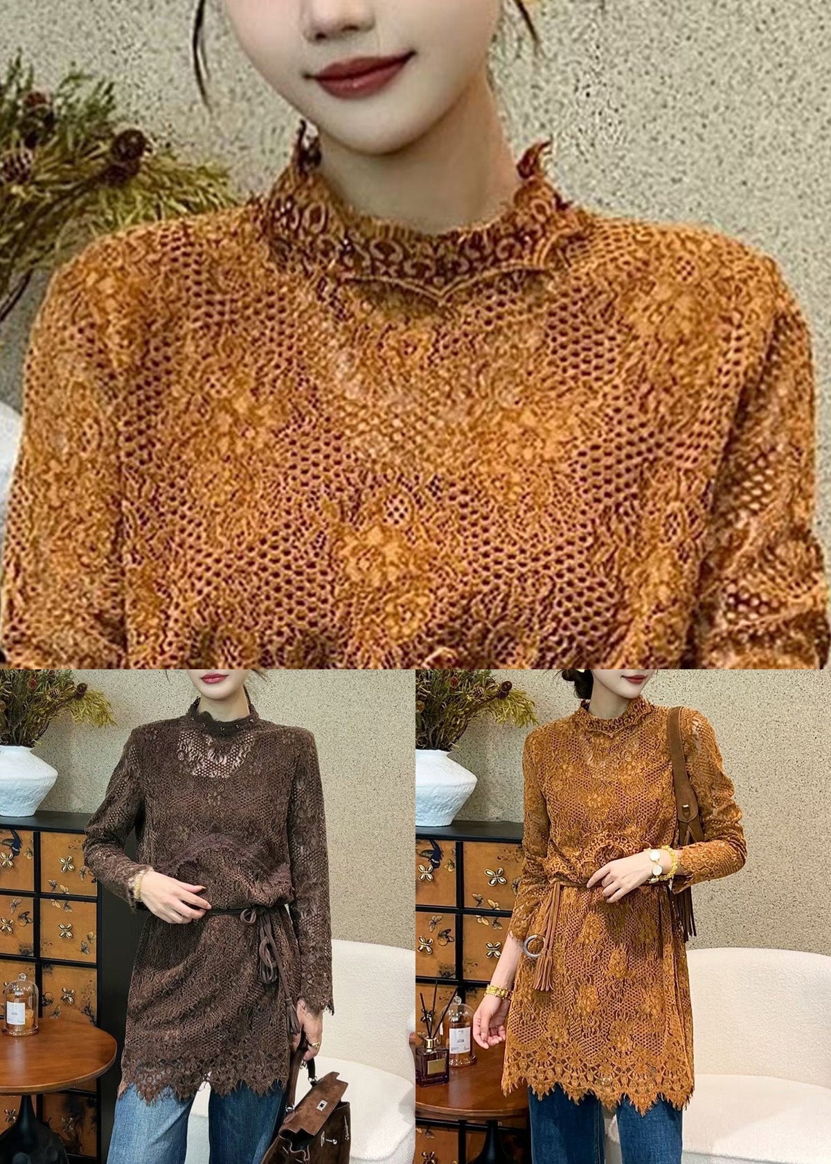 All Over Lace Mock Neck Scalloped Hem Long Sleeve Tunic Top