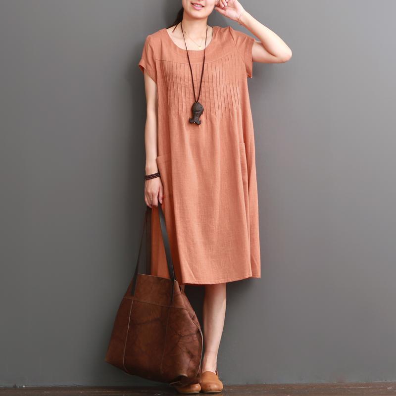 Round Neck Pintuck Pleat Short Sleeve Patch Pocket Shift Midi Dress