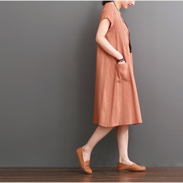 Round Neck Pintuck Pleat Short Sleeve Patch Pocket Shift Midi Dress