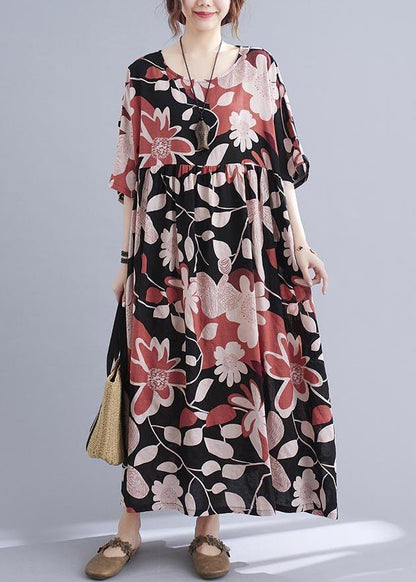 Round Neck Babydoll Waist Oversized Floral Print Maxi Dress