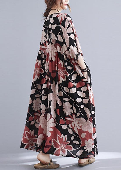 Round Neck Babydoll Waist Oversized Floral Print Maxi Dress