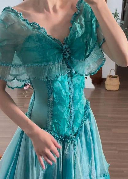 Deep V-Neck Off-Shoulder Ruffle Collar Corset Pleated Lace Midi Dress