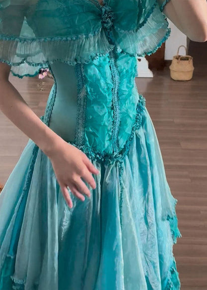 Deep V-Neck Off-Shoulder Ruffle Collar Corset Pleated Lace Midi Dress