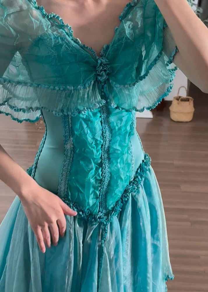 Deep V-Neck Off-Shoulder Ruffle Collar Corset Pleated Lace Midi Dress