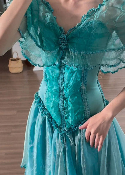 Deep V-Neck Off-Shoulder Ruffle Collar Corset Pleated Lace Midi Dress
