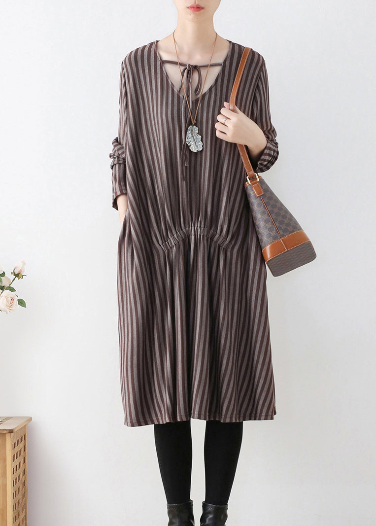 V-Neck Tie Front Vertical Stripe Smocked Waist Pocket Midi Dress