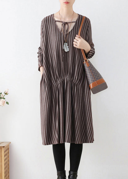 V-Neck Tie Front Vertical Stripe Smocked Waist Pocket Midi Dress