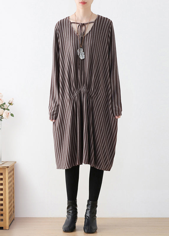 V-Neck Tie Front Vertical Stripe Smocked Waist Pocket Midi Dress