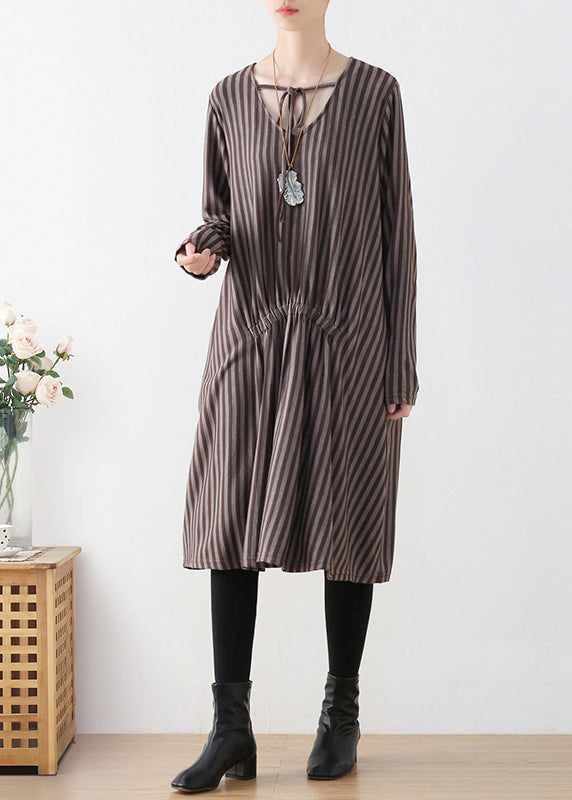 V-Neck Tie Front Vertical Stripe Smocked Waist Pocket Midi Dress