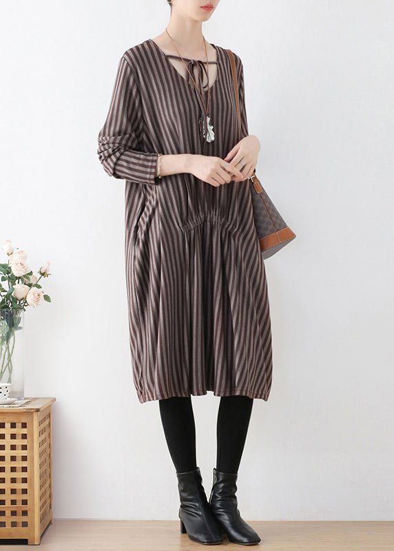 V-Neck Tie Front Vertical Stripe Smocked Waist Pocket Midi Dress