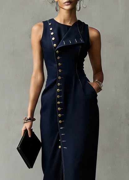 Sleeveless Asymmetric Fold Collar Button Front Pocket Denim Maxi Dress