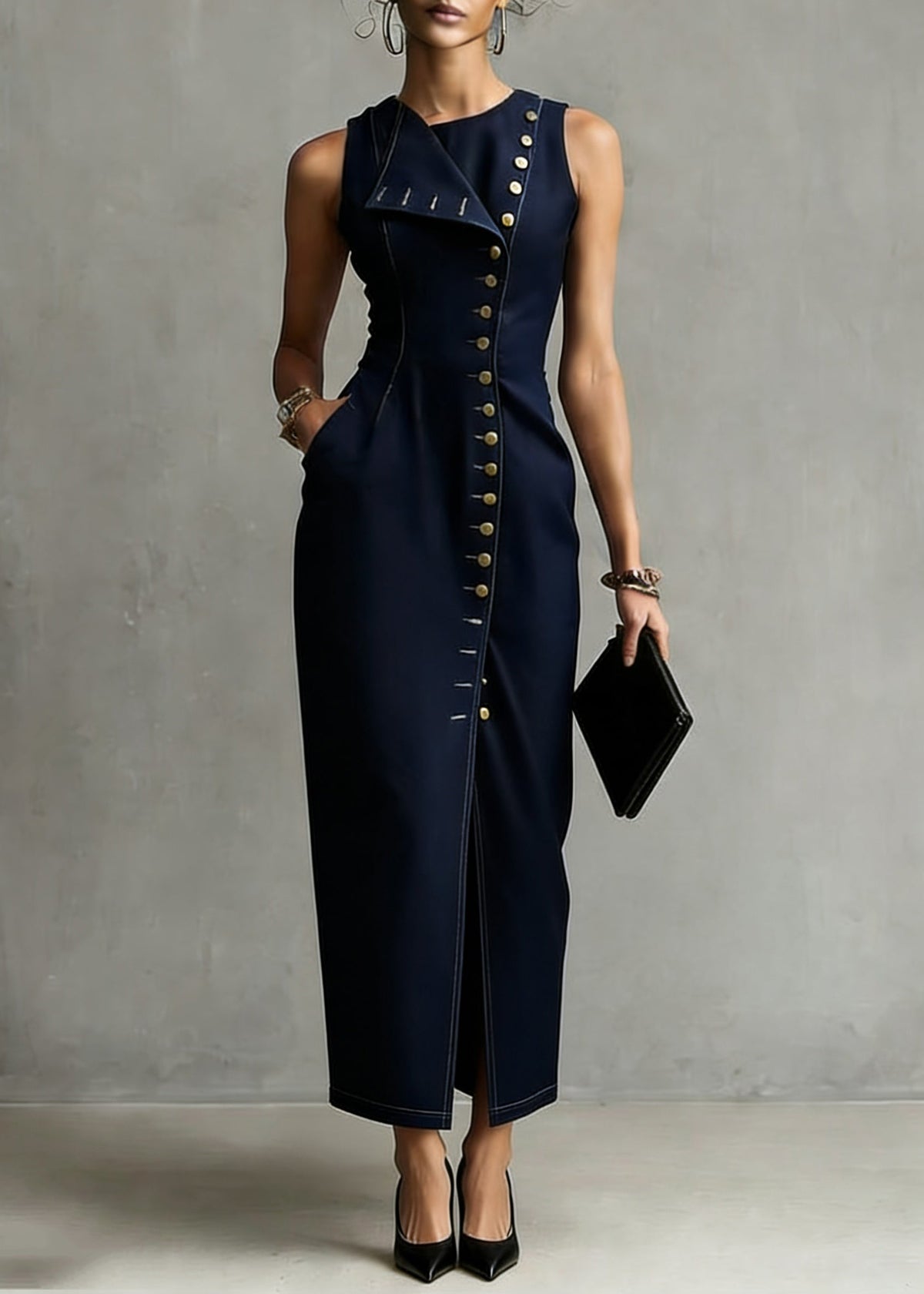 Sleeveless Asymmetric Fold Collar Button Front Pocket Denim Maxi Dress