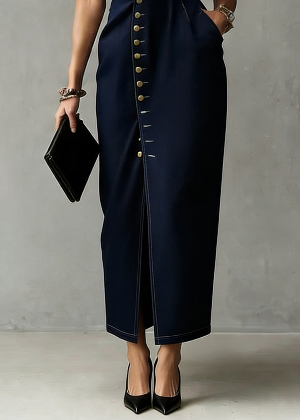 Sleeveless Asymmetric Fold Collar Button Front Pocket Denim Maxi Dress