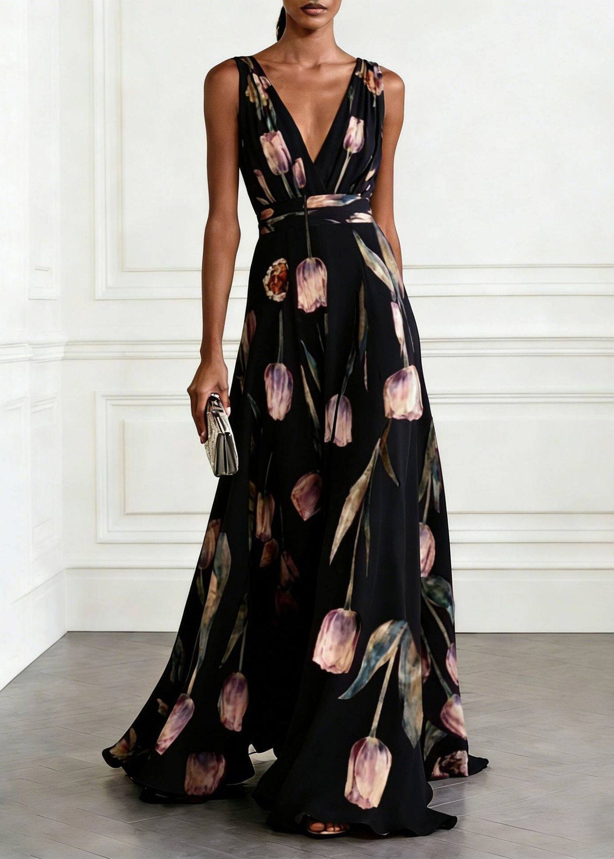 Deep V Neck Cummerbund Waist Tulip Print Pleated Chiffon Maxi Gown