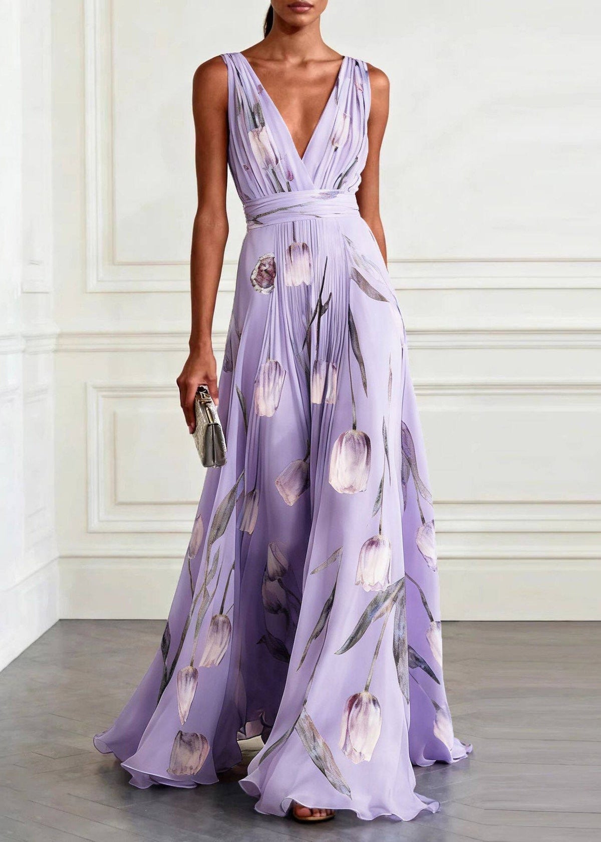 Deep V Neck Cummerbund Waist Tulip Print Pleated Chiffon Maxi Gown