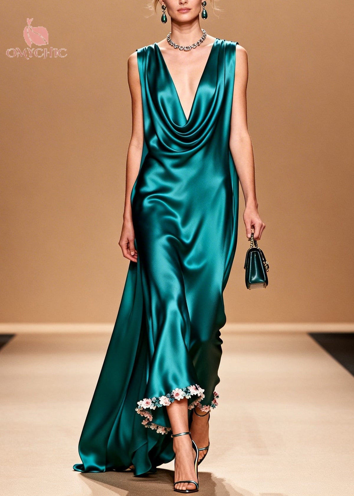 Sleeveless Cowl Neck Satin 3D Floral Applique Asymmetric Hem Maxi Gown