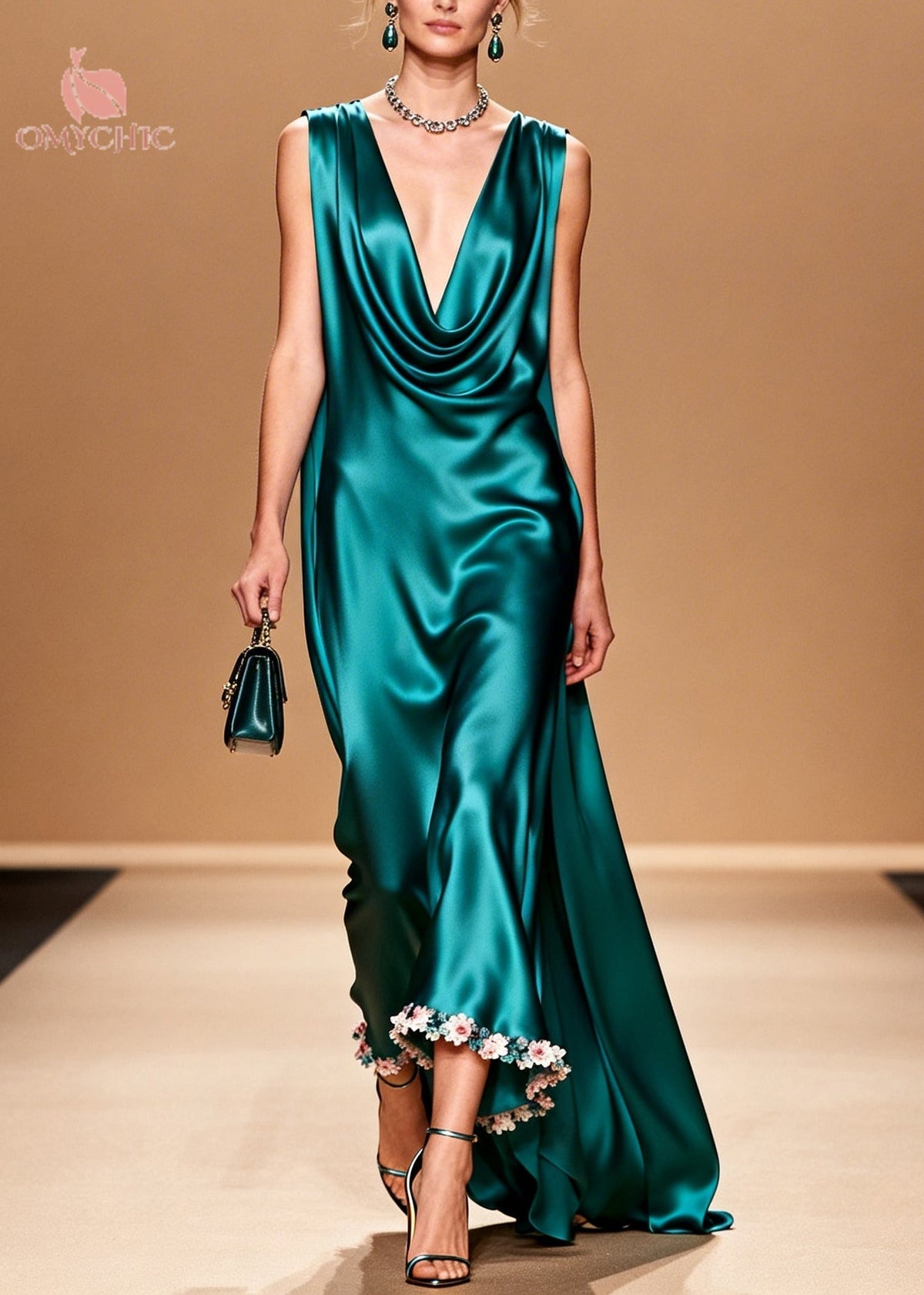 Sleeveless Cowl Neck Satin 3D Floral Applique Asymmetric Hem Maxi Gown