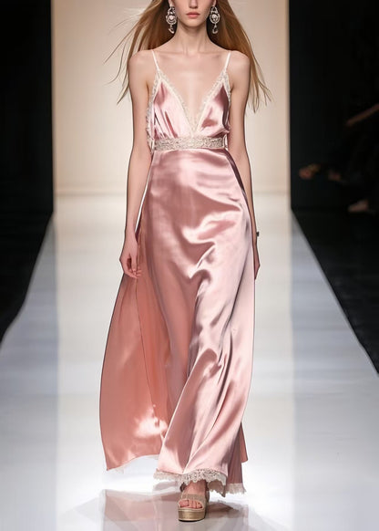 Deep V-Neck Spaghetti Strap Empire Lace Waist Satin Floor-Length Gown