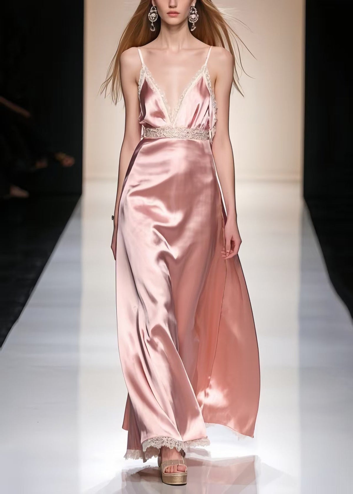 Deep V-Neck Spaghetti Strap Empire Lace Waist Satin Floor-Length Gown