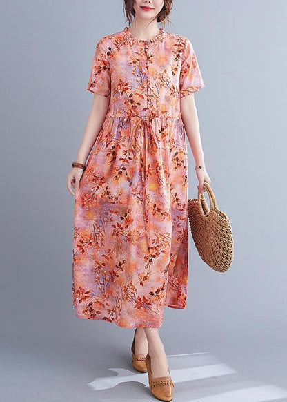 Ruffle Collar Button Front Drawstring Waist Botanical Print Maxi Dress