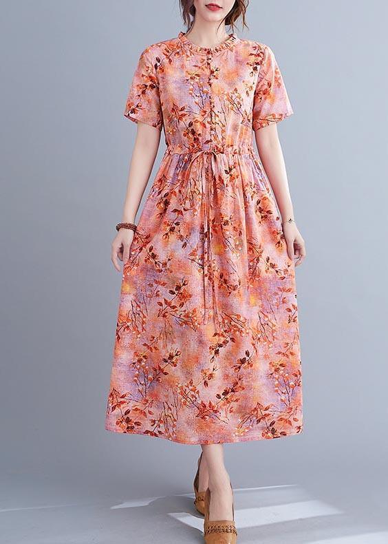 Ruffle Collar Button Front Drawstring Waist Botanical Print Maxi Dress