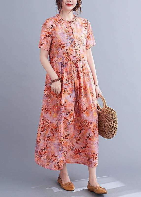 Ruffle Collar Button Front Drawstring Waist Botanical Print Maxi Dress