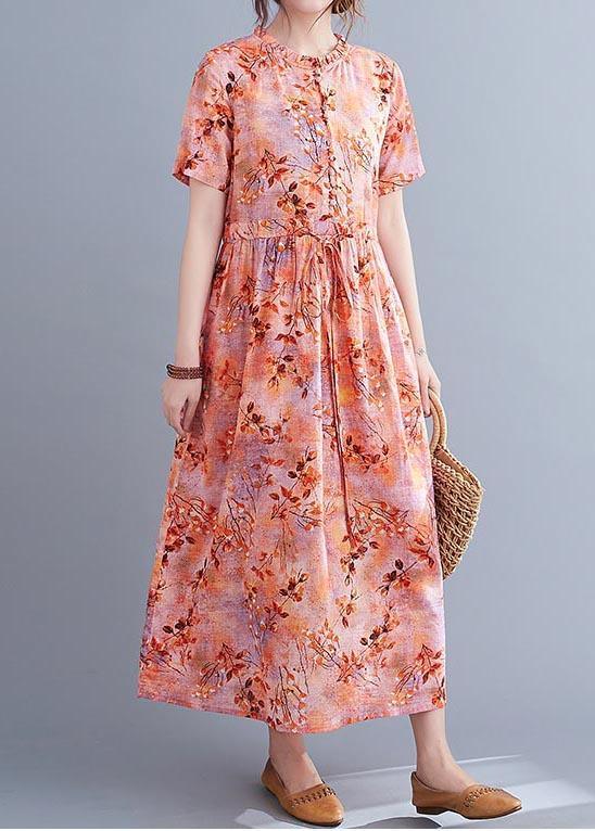 Ruffle Collar Button Front Drawstring Waist Botanical Print Maxi Dress