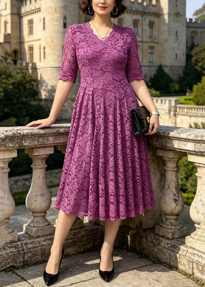 V-Neck Floral Lace Fit and Flare Scalloped Cuff Midi Dress