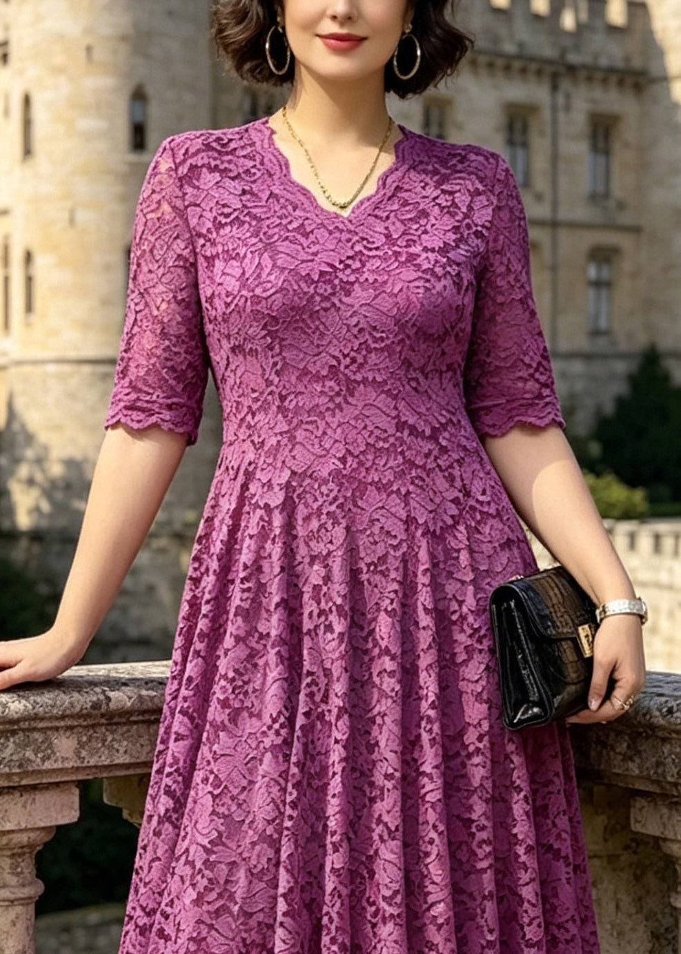 V-Neck Floral Lace Fit and Flare Scalloped Cuff Midi Dress