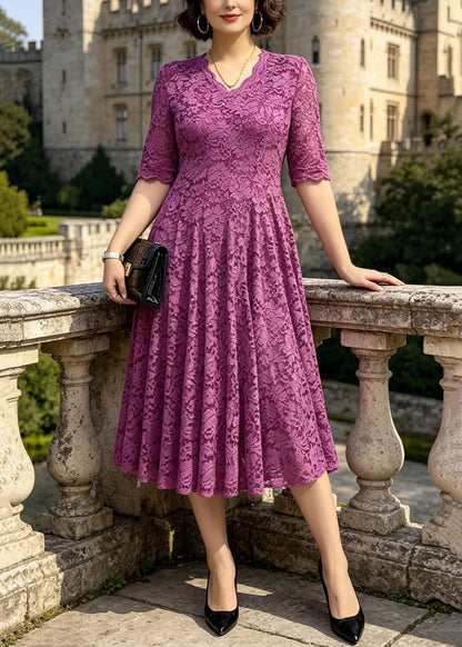 V-Neck Floral Lace Fit and Flare Scalloped Cuff Midi Dress