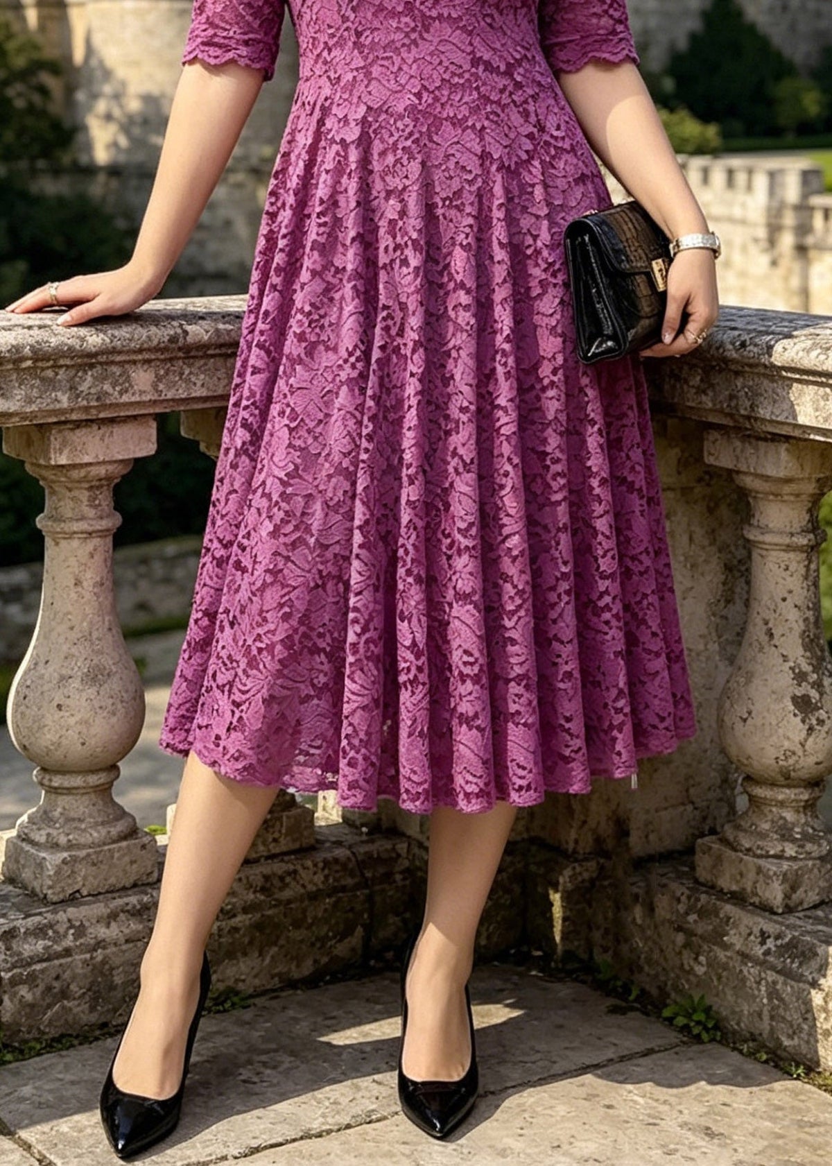 V-Neck Floral Lace Fit and Flare Scalloped Cuff Midi Dress