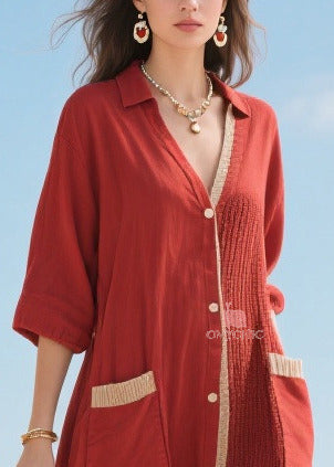 Pointed Collar Button Front Patch Pocket Contrast Trim Midi Dress