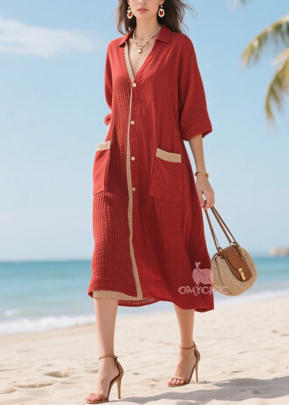 Pointed Collar Button Front Patch Pocket Contrast Trim Midi Dress