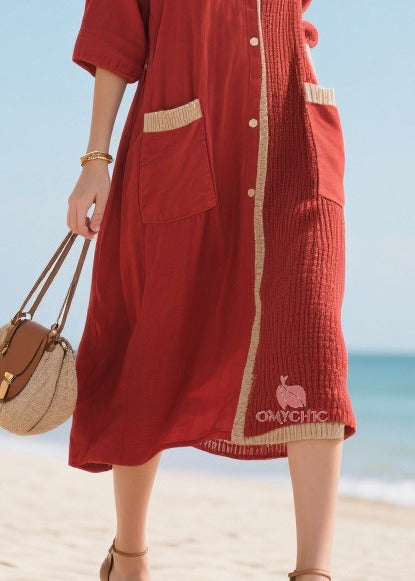 Pointed Collar Button Front Patch Pocket Contrast Trim Midi Dress