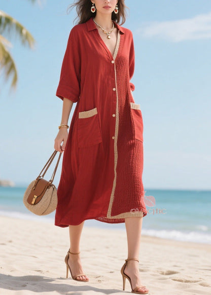 Pointed Collar Button Front Patch Pocket Contrast Trim Midi Dress