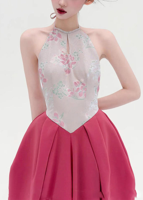 Halter Keyhole Floral Bodice Draped Bubble Hem Maxi Dress