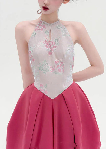 Halter Keyhole Floral Bodice Draped Bubble Hem Maxi Dress