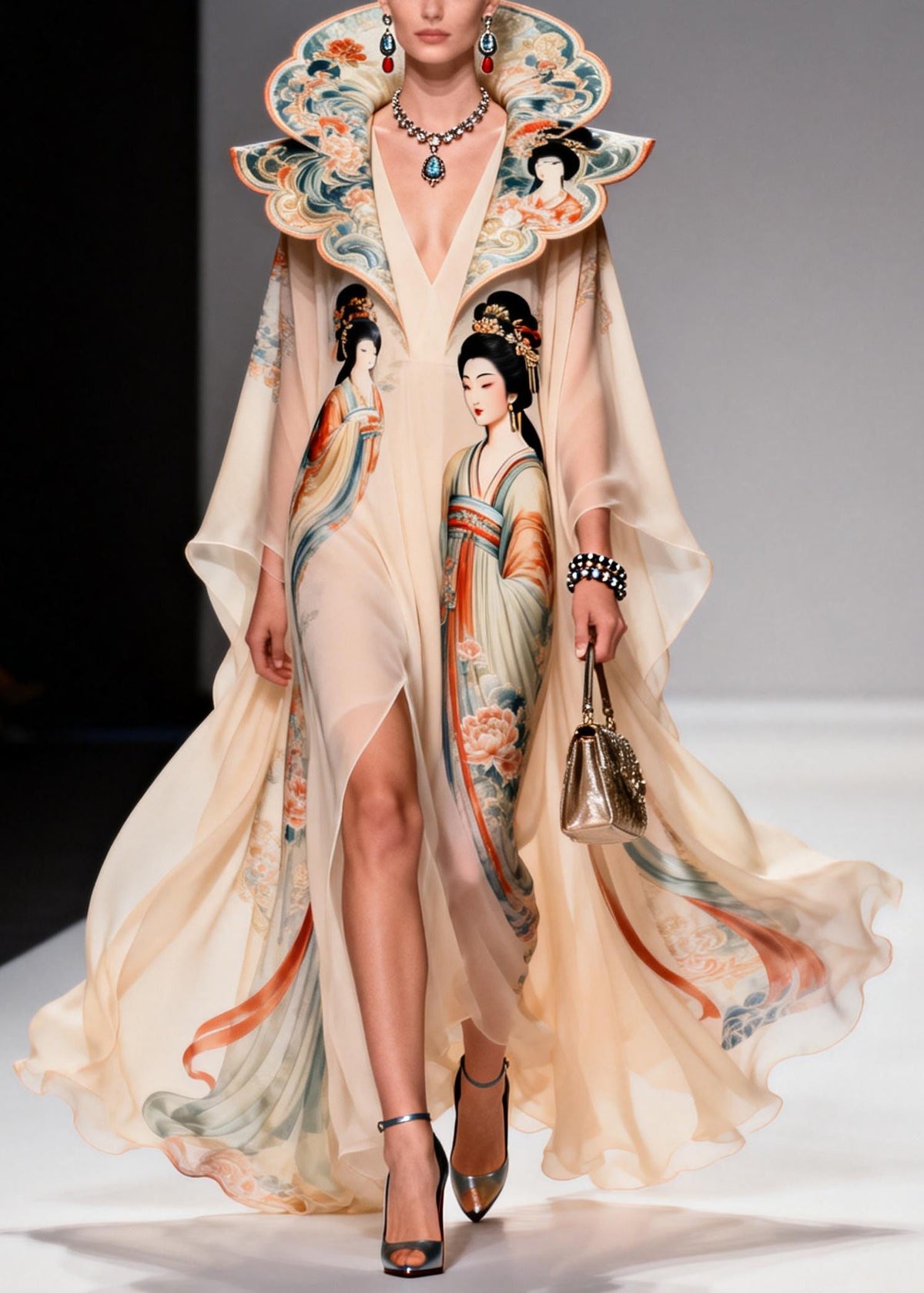 Scalloped Collar Deep V-Neck Illustrative Print Cape Sleeve High Slit Maxi Gown