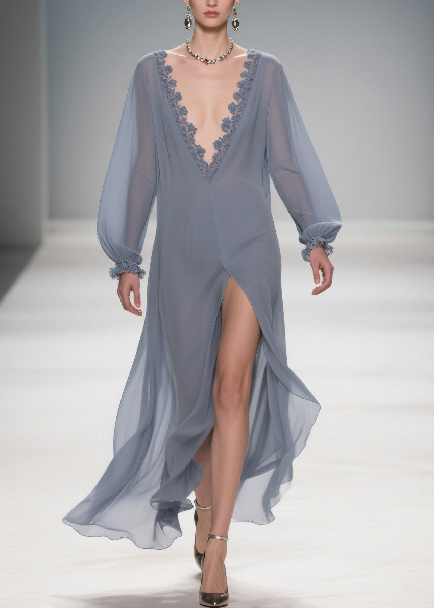 Deep V-Neck Lace Side Open Lantern Sleeve Maxi Dress