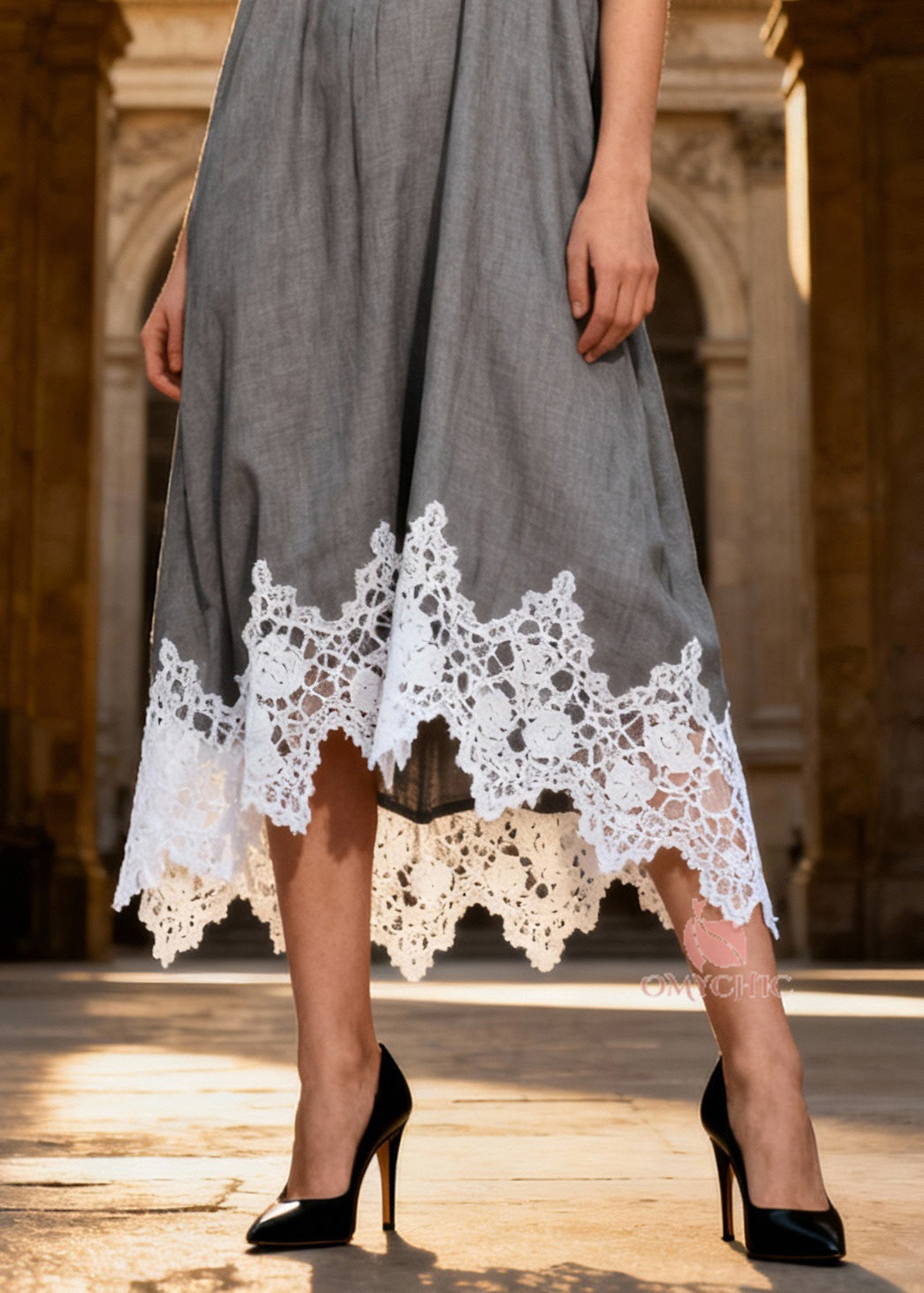 Halter Neck Gathered Bodice Lace Trim Handkerchief Hem Midi Dress