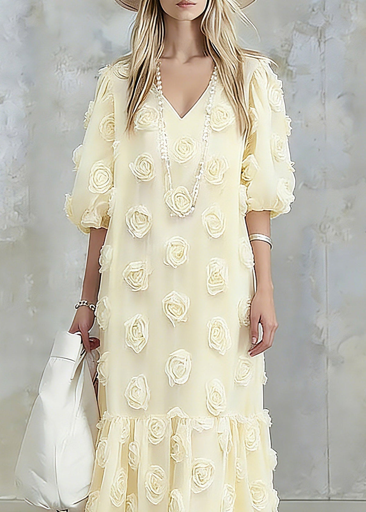 Deep V-Neck Puff Sleeve 3D Floral Applique Tiered Flounce Maxi Dress