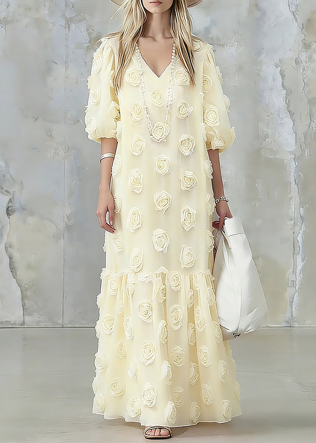 Deep V-Neck Puff Sleeve 3D Floral Applique Tiered Flounce Maxi Dress