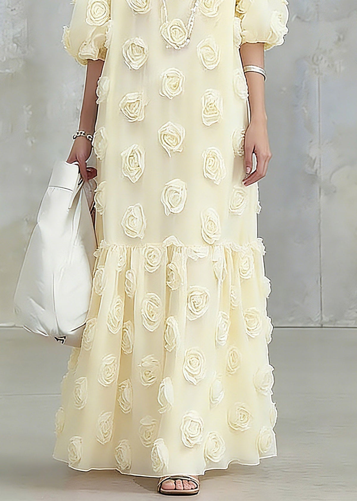 Deep V-Neck Puff Sleeve 3D Floral Applique Tiered Flounce Maxi Dress
