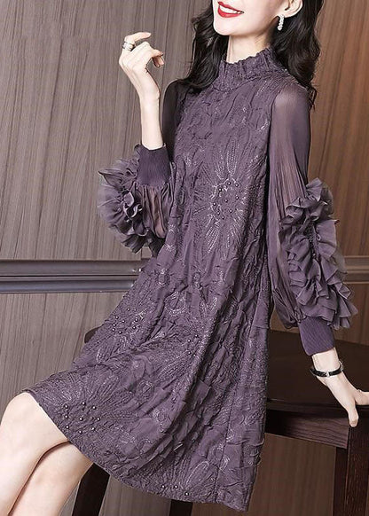 Mock Neck Frill Tiered Ruffle Mesh Sleeve Beaded Textured Floral Mini Dress