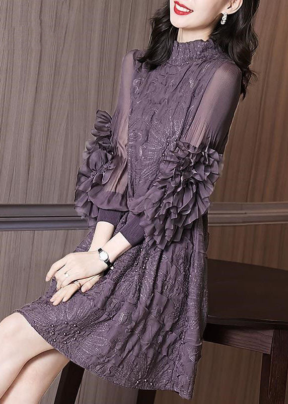 Mock Neck Frill Tiered Ruffle Mesh Sleeve Beaded Textured Floral Mini Dress
