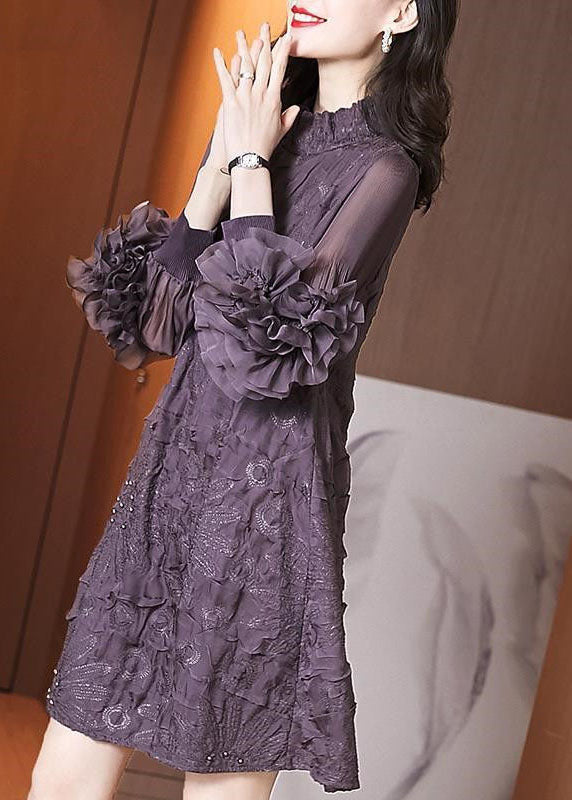 Mock Neck Frill Tiered Ruffle Mesh Sleeve Beaded Textured Floral Mini Dress
