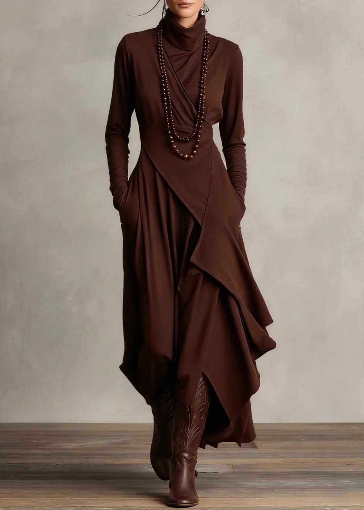 Turtleneck Surplice Wrap Pocket Asymmetrical Hem Maxi Dress