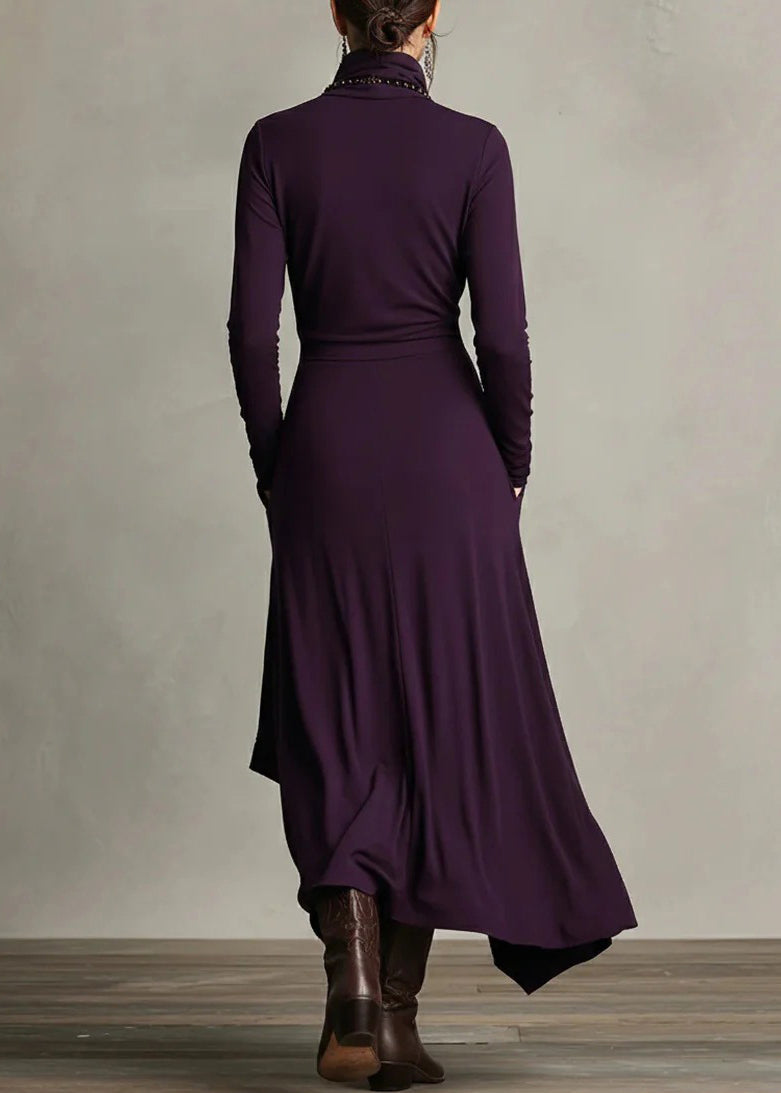 Turtleneck Surplice Wrap Pocket Asymmetrical Hem Maxi Dress