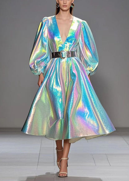 Deep V-Neck Puff Sleeve Iridescent Metallic Pleated Midi Dress